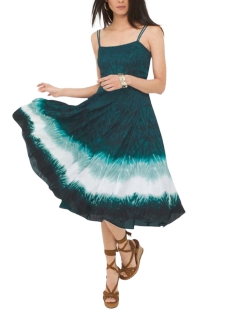 White House Black Market Teal and White Tie-Dye Midi Dress with Pockets